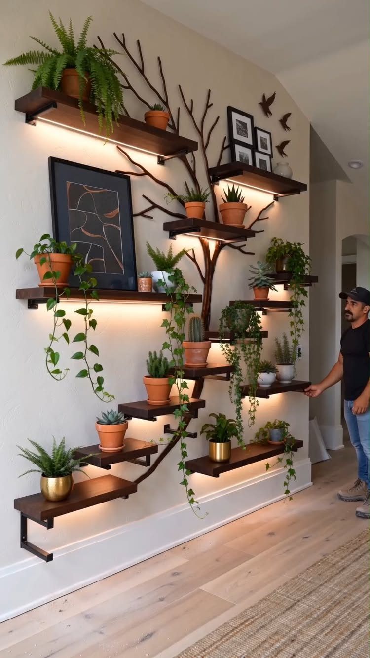 Tree-shaped wall shelves with integrated lighting holding various potted green indoor plants.
