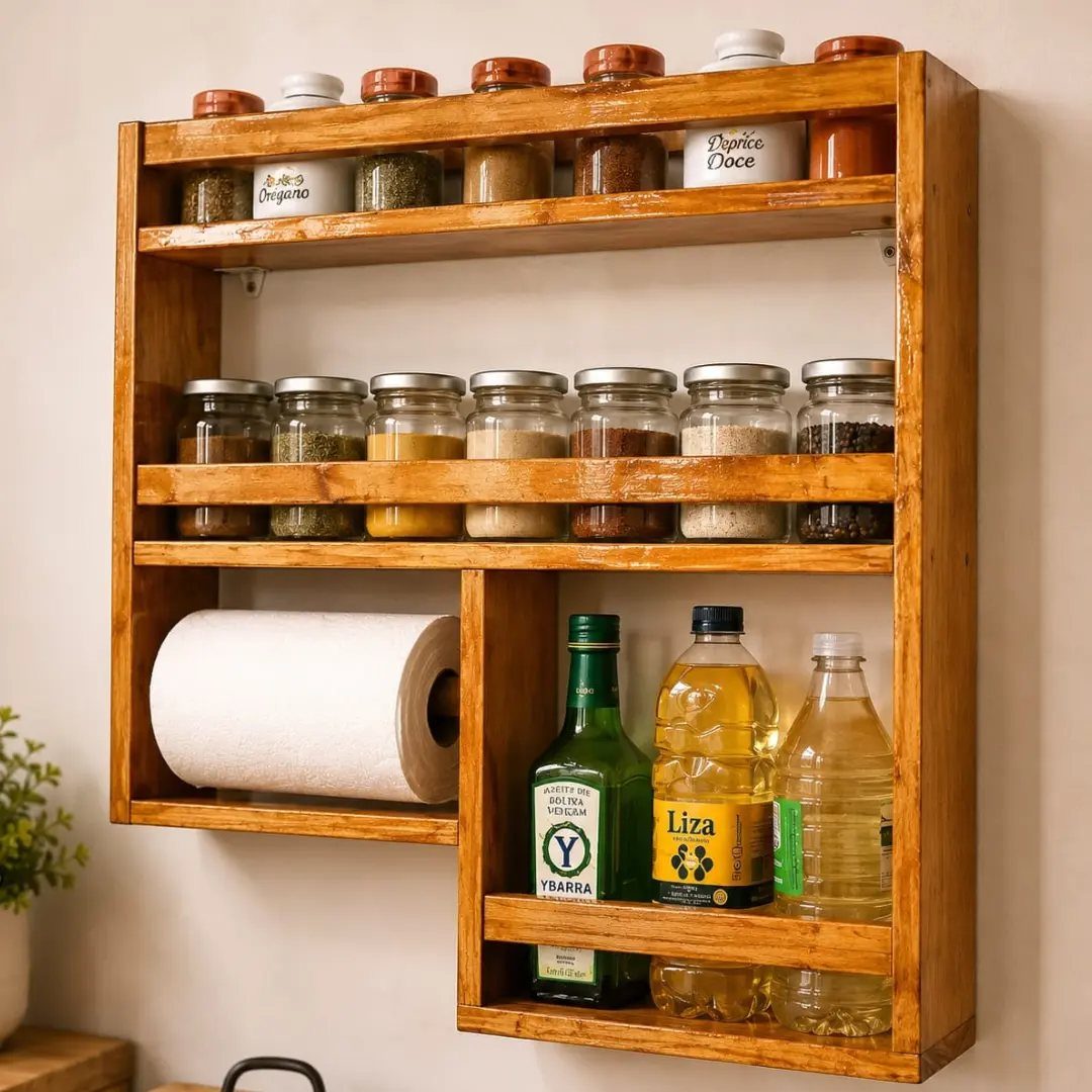 32 Mini Wood Projects for Beginners and Scrap Wood 10 Wooden wall-mounted spice rack holding glass jars, paper towels, and oil bottles.