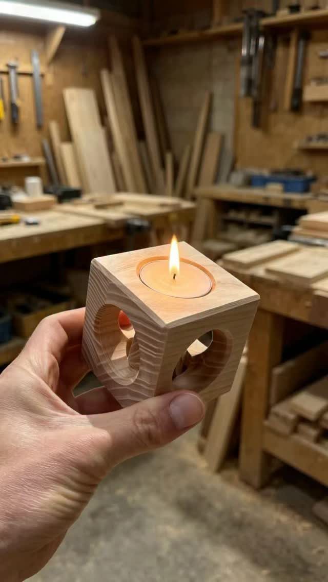 32 Mini Wood Projects for Beginners and Scrap Wood 24 Hand holding a small wooden cube candle holder with a lit tea light.
