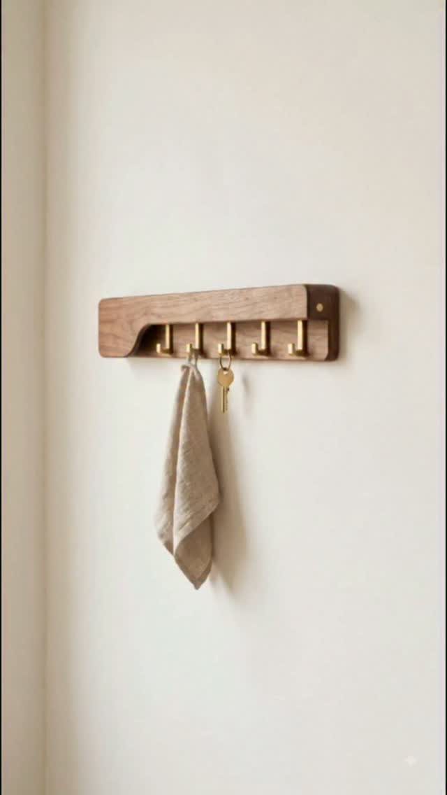 32 Mini Wood Projects for Beginners and Scrap Wood 3 Wooden wall rack with gold hooks holding a beige cloth and a key.