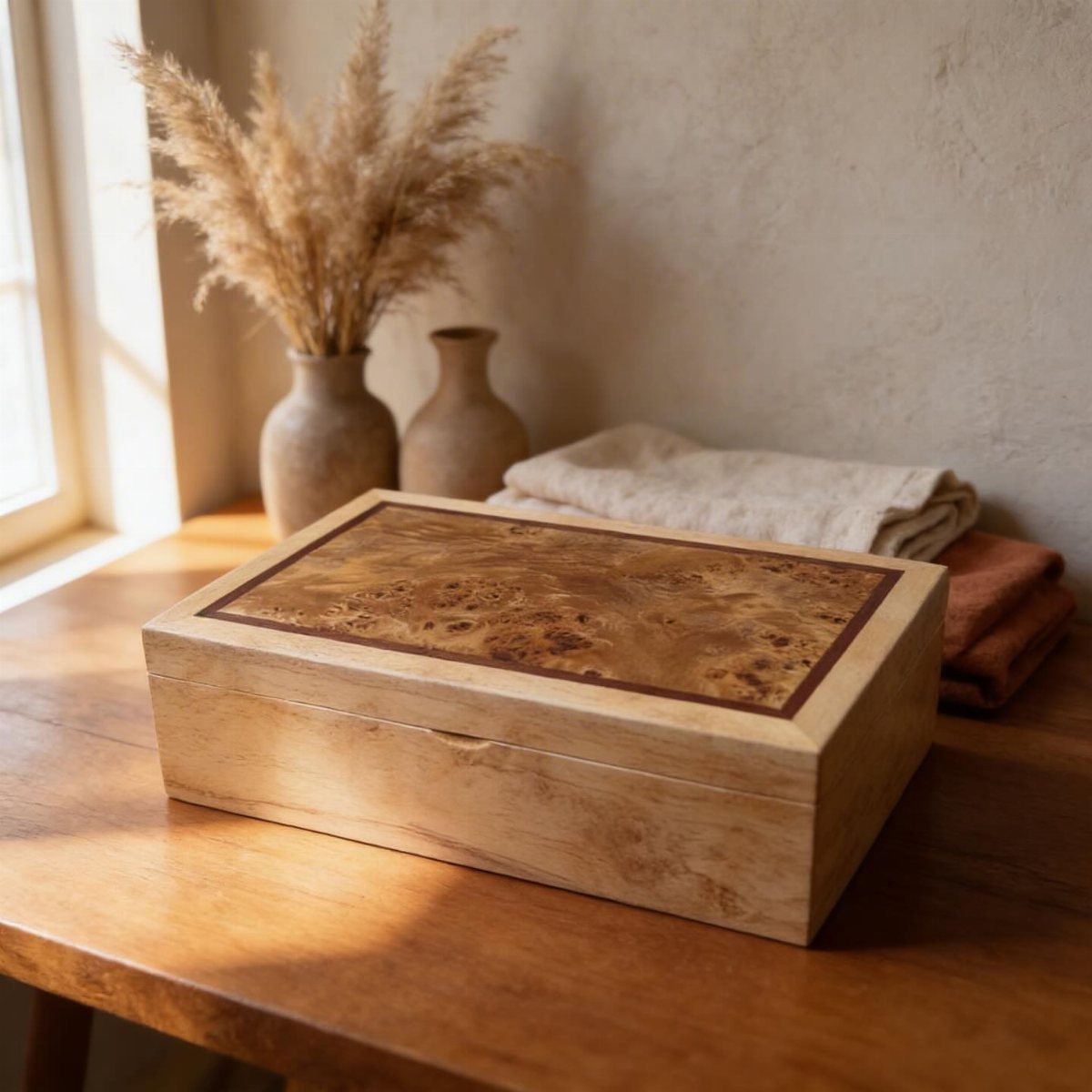 32 Mini Wood Projects for Beginners and Scrap Wood 25 Polished wooden jewelry box with burl wood inlay on a rustic wooden table