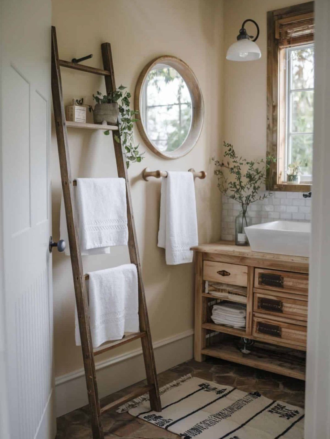 32 Mini Wood Projects for Beginners and Scrap Wood 6 Wooden towel ladder leaning against a wall holding white towels in a rustic bathroom.