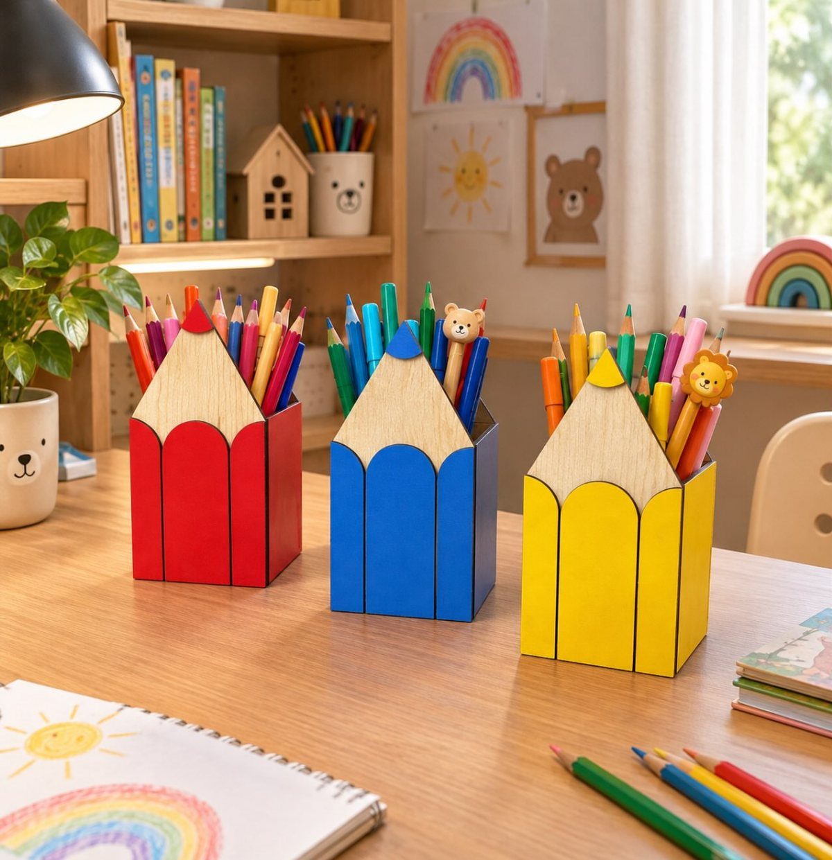 32 Mini Wood Projects for Beginners and Scrap Wood 8 Three colorful wooden pencil caddies shaped like pencils holding colored pencils on a desk.