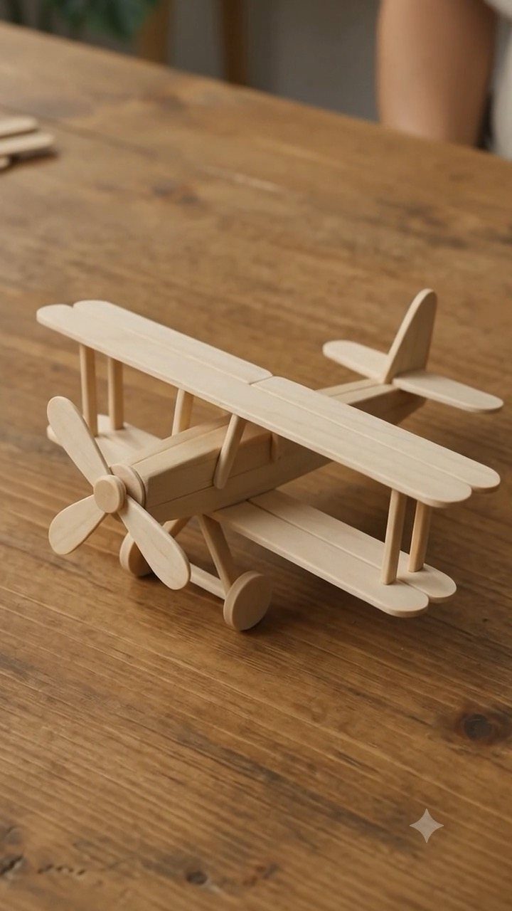 32 Mini Wood Projects for Beginners and Scrap Wood 30 Wooden biplane model made of popsicle sticks on a brown wooden table