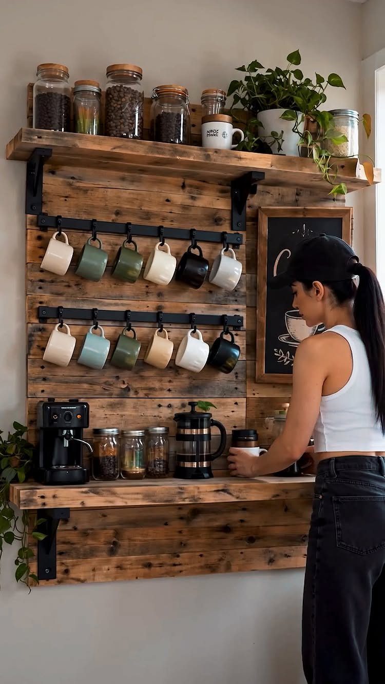 32 Mini Wood Projects for Beginners and Scrap Wood 7 Rustic reclaimed wood shelves holding coffee supplies and hanging mugs in a kitchen.