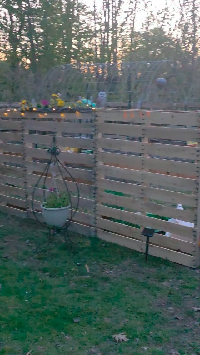 Wooden pallet garden fence standing on a green lawn with a potted plant.