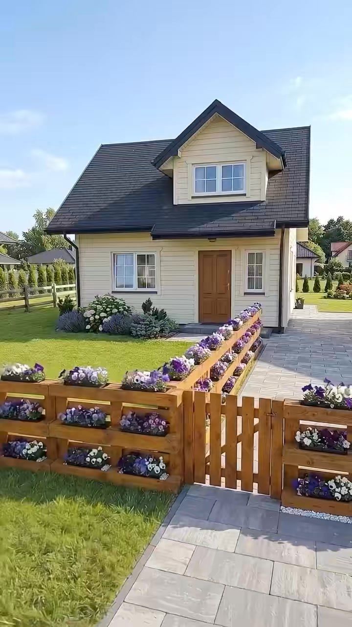 Wooden pallet garden gate and fence with integrated purple flower planter boxes.