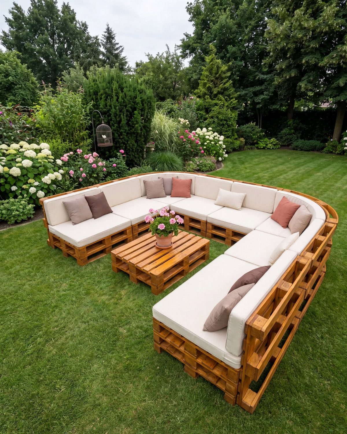 Wooden pallet sectional sofa with cream cushions and a matching coffee table in a garden.