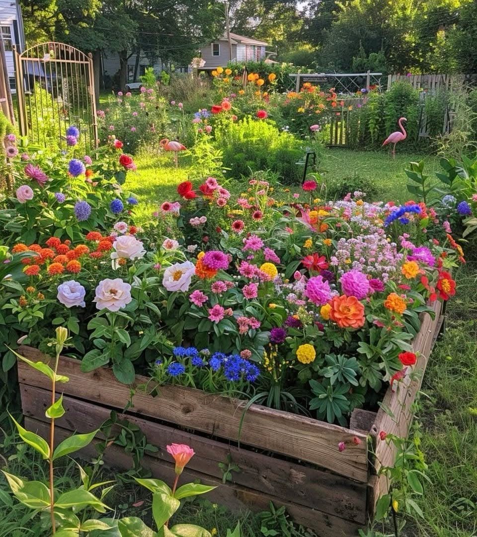 Wooden pallet raised flower bed overflowing with colorful dahlias in a sunny garden.