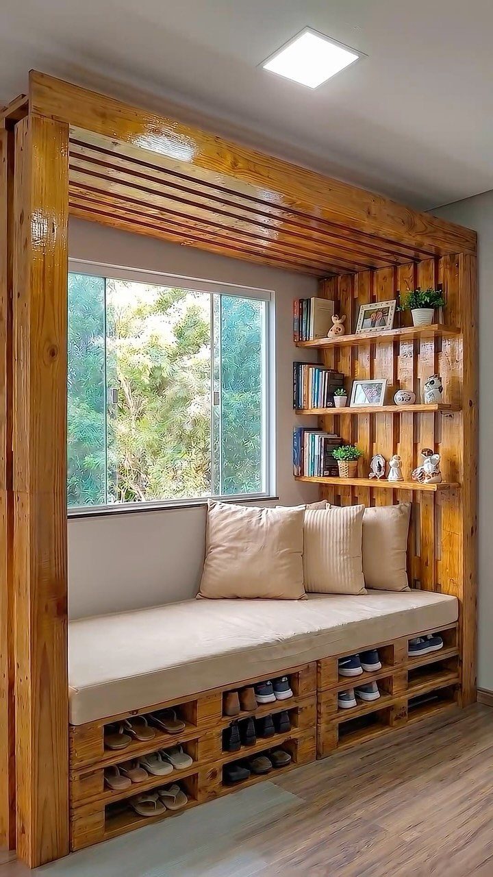 21 Pallet Wood DIY Projects for Home, Holidays and Yard 17 Wooden pallet seating nook with beige cushions, shoe storage, and built-in bookshelves.