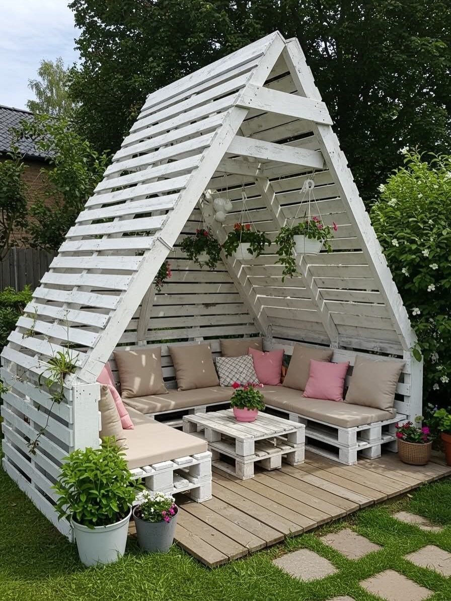 21 Pallet Wood DIY Projects for Home, Holidays and Yard 21 White pallet wood outdoor lounge with a peaked roof, sectional sofa, and coffee table.