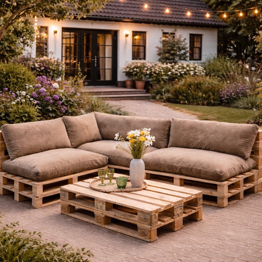 21 Pallet Wood DIY Projects for Home, Holidays and Yard 3 Pallet wood outdoor sectional couch with brown cushions and a matching pallet coffee table.