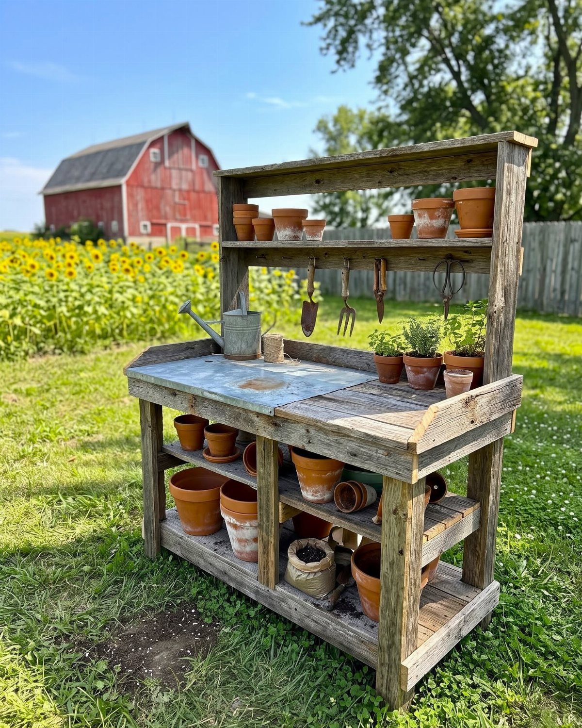 Rustic wooden potting bench with terracotta pots and tools in a farm setting.