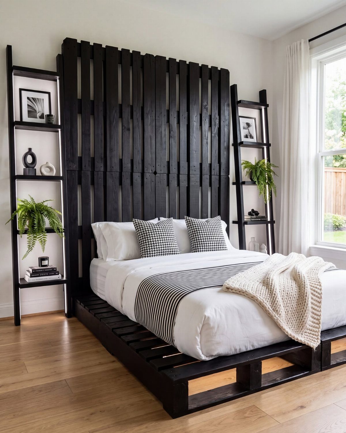 14 Reclaimed Wood Projects for Rustic Home Decor 11 Black reclaimed wood pallet headboard and bed frame in a bright modern bedroom