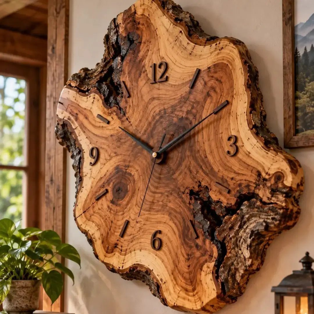 14 Reclaimed Wood Projects for Rustic Home Decor 13 Rustic wooden wall clock made from a natural live edge wood slice.