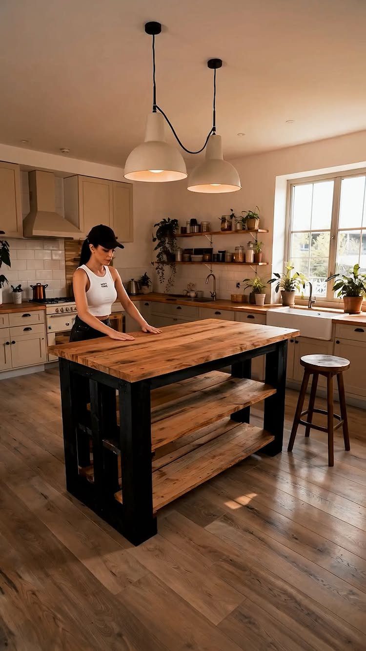 14 Reclaimed Wood Projects for Rustic Home Decor 5 Rustic wooden kitchen island with black legs in a bright, modern kitchen.