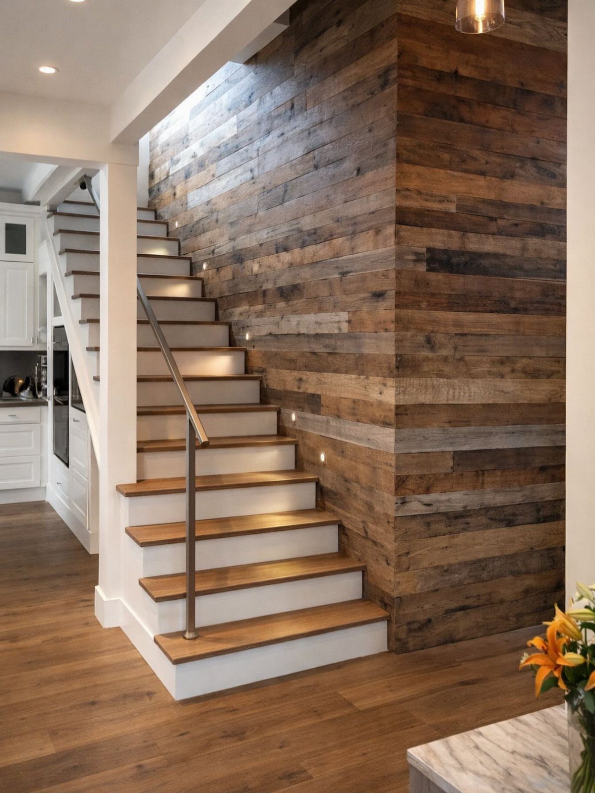 14 Reclaimed Wood Projects for Rustic Home Decor 9 Reclaimed wood accent wall alongside a modern staircase with white risers and wooden treads.