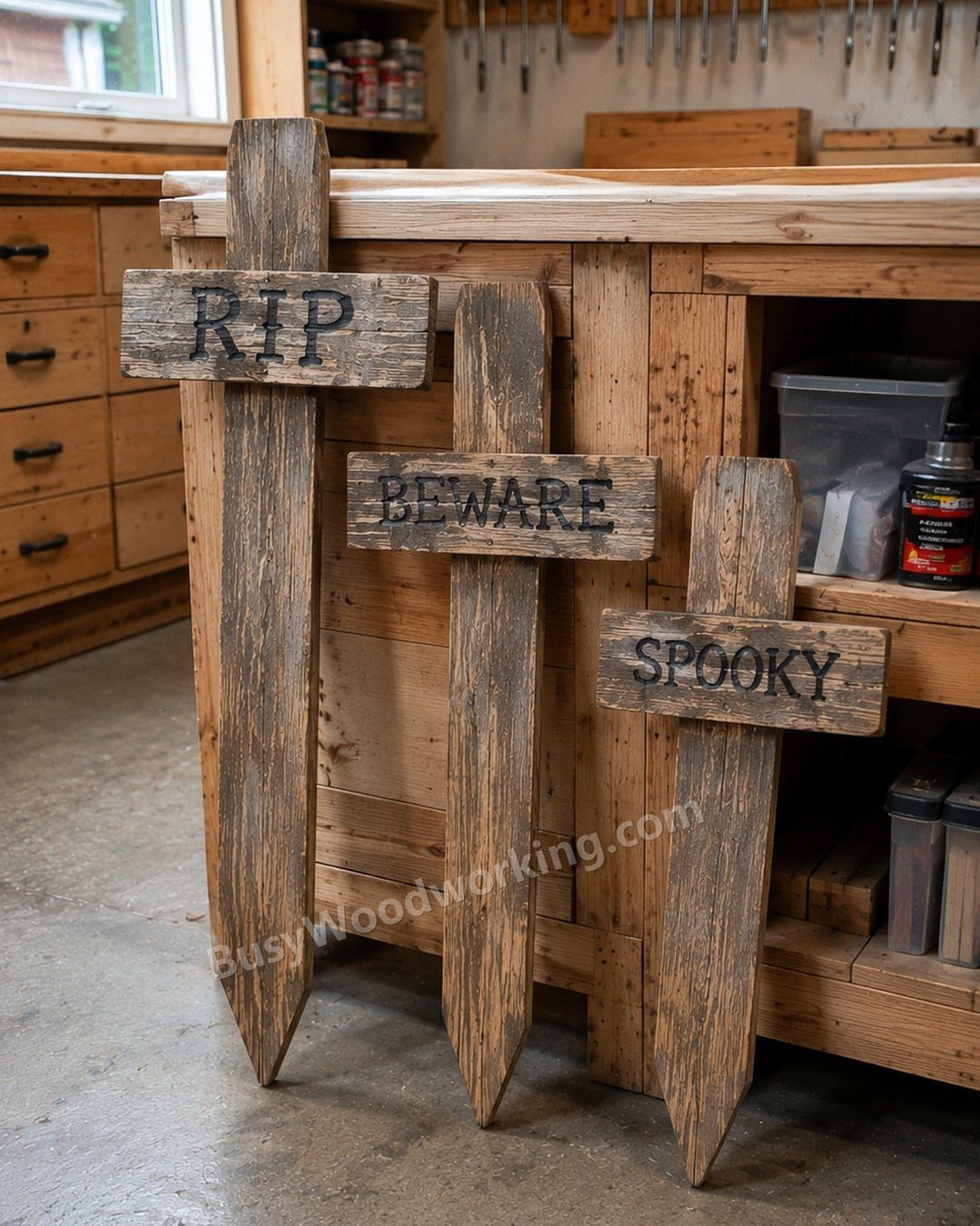 14 Reclaimed Wood Projects for Rustic Home Decor 7 Three rustic wooden crosses with RIP, BEWARE, and SPOOKY text in a workshop.