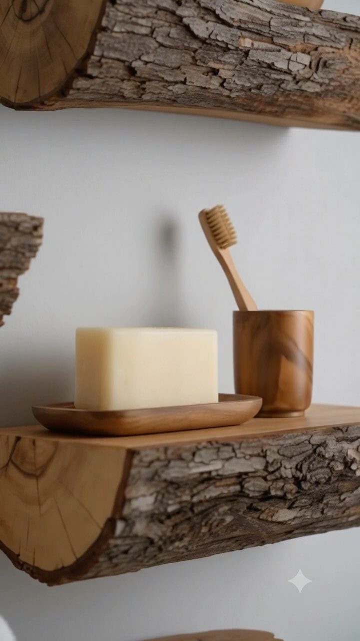 14 Reclaimed Wood Projects for Rustic Home Decor 1 Rustic log shelf holding a bar of soap and a wooden toothbrush holder.