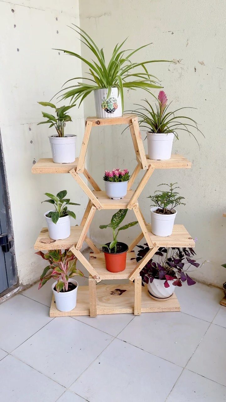 Rustic Plant Stand Ideas: 5 Styles for Any Room 2 Natural wood plant stand with hexagonal shelves holding various potted green plants.