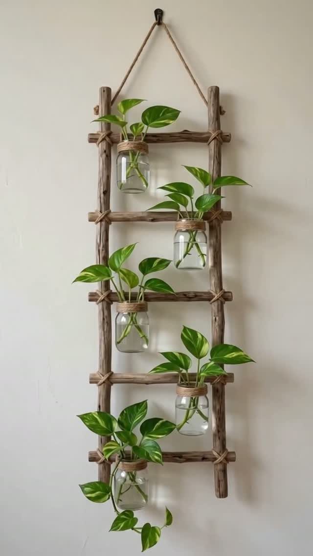 Rustic Plant Stand Ideas: 5 Styles for Any Room 3 Wooden ladder shelf with glass jars holding green plants hanging on a wall