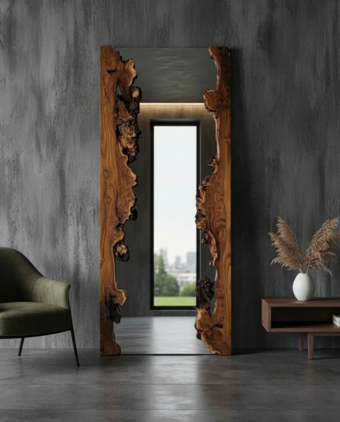Full-length mirror with a rustic live-edge wooden frame against a dark grey wall.