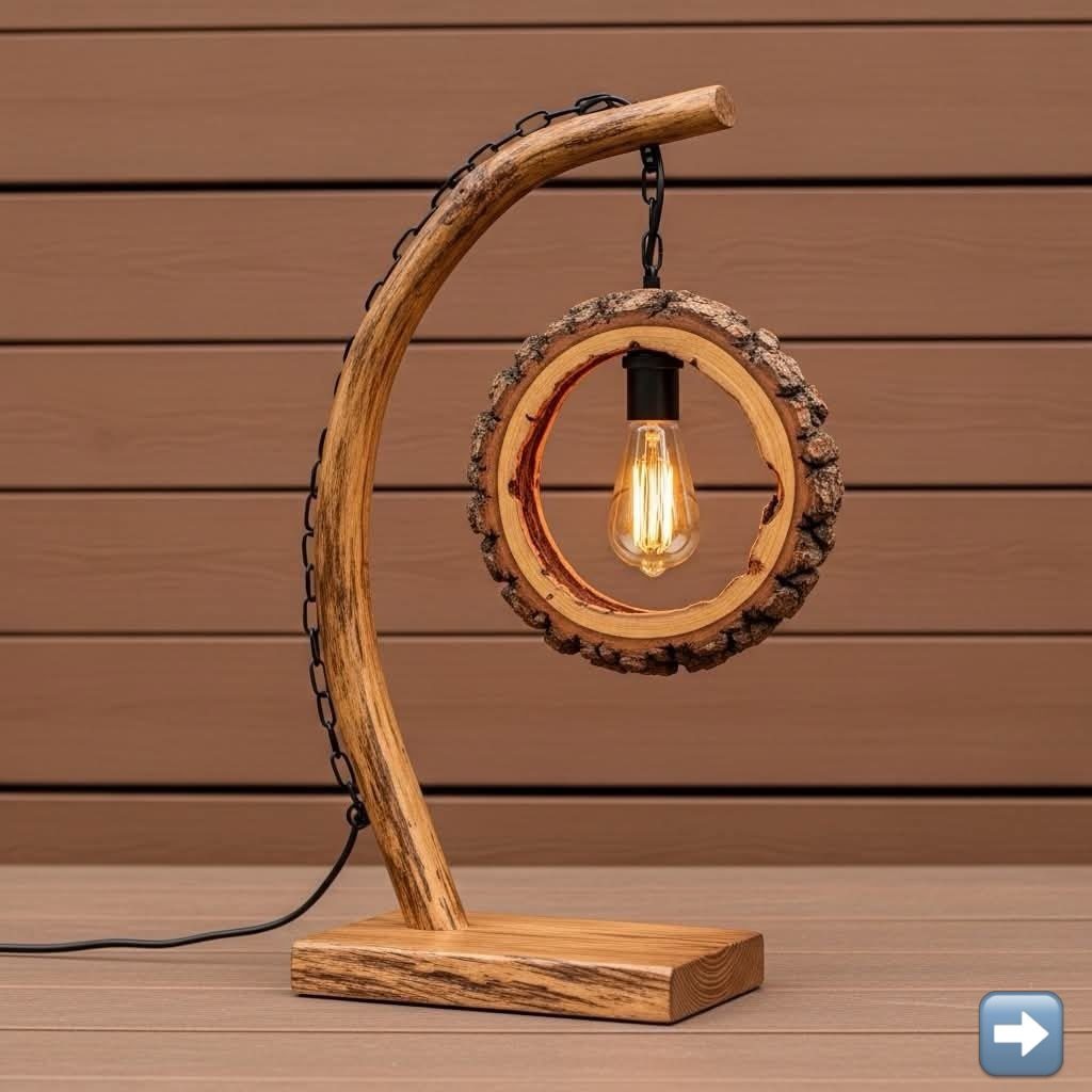 Rustic wooden lamp with a curved branch and a light bulb in a wood slice.