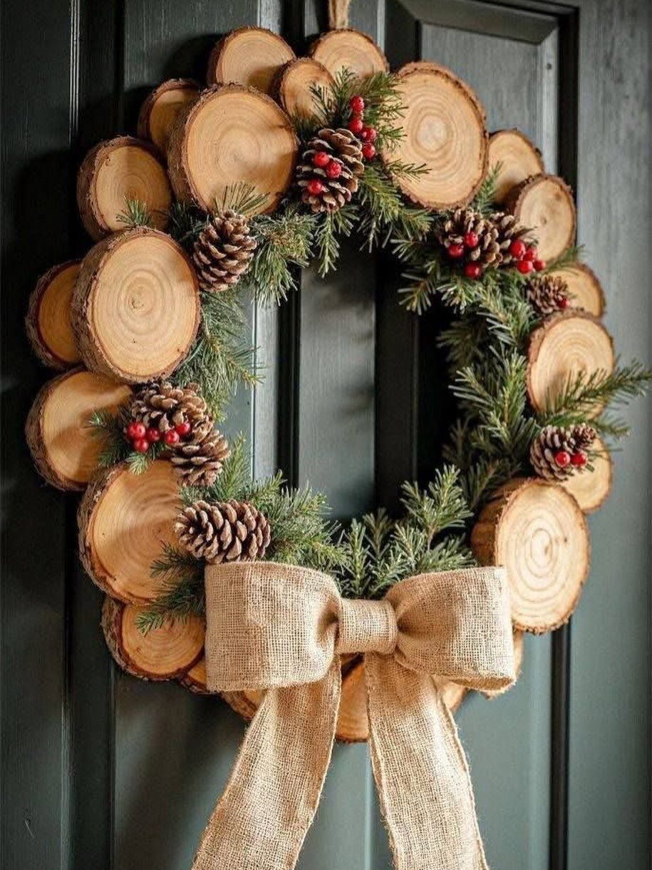 Wood slice wreath with pinecones, red berries, and a burlap bow on a door.