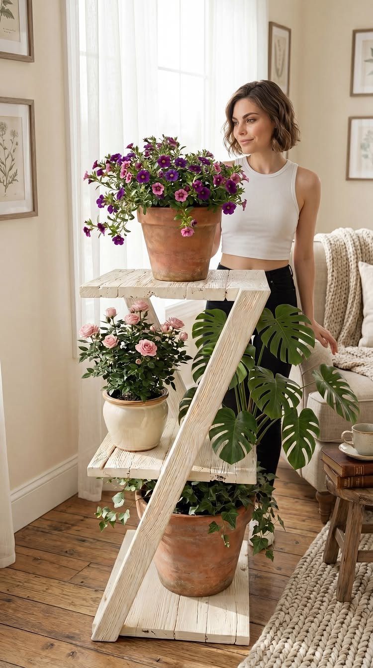 13 Scrap Wood Art Ideas for Using Up Your Leftover Boards 2 Rustic three-tiered wooden plant stand holding colorful potted flowers and greenery indoors.