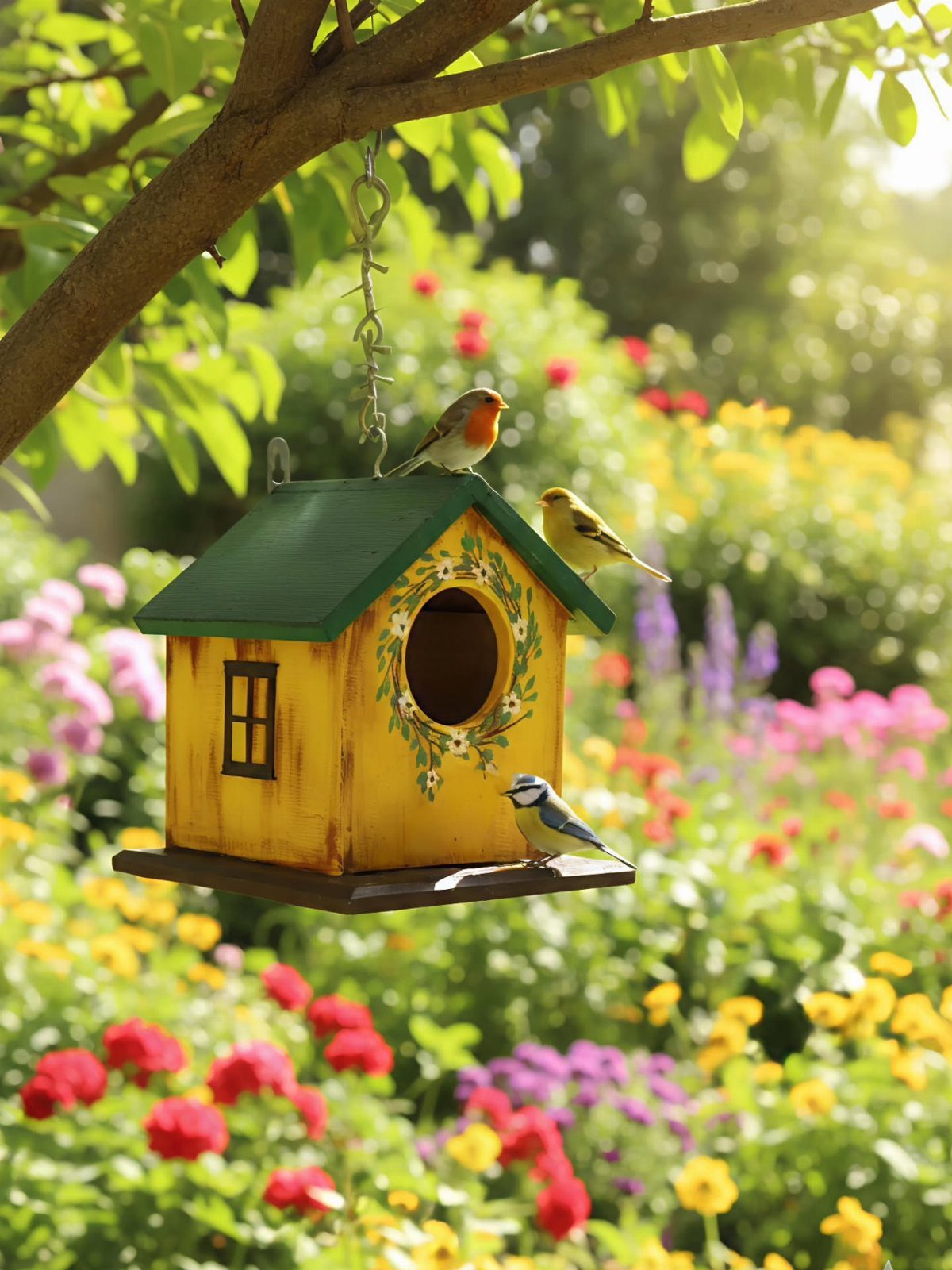 13 Scrap Wood Art Ideas for Using Up Your Leftover Boards 7 Yellow hand-painted birdhouse with green roof hanging from a tree branch in a garden