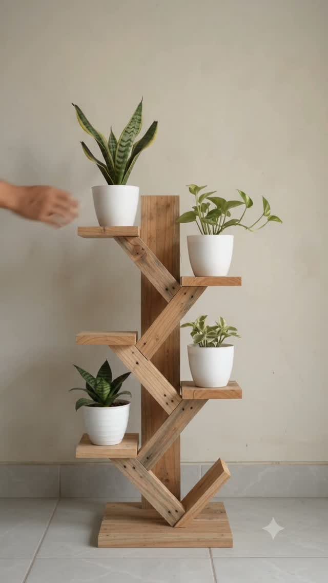 Wooden scrap wood shelving unit with potted green plants against a beige wall.