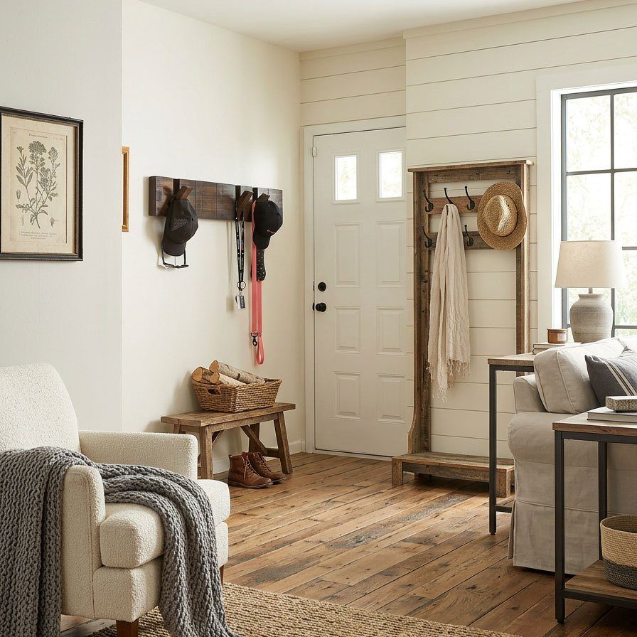 13 Small Wood Craft Ideas for Beginners and Scrap Wood 6 Wooden coat rack with hooks holding a hat and cloth in a rustic entryway.
