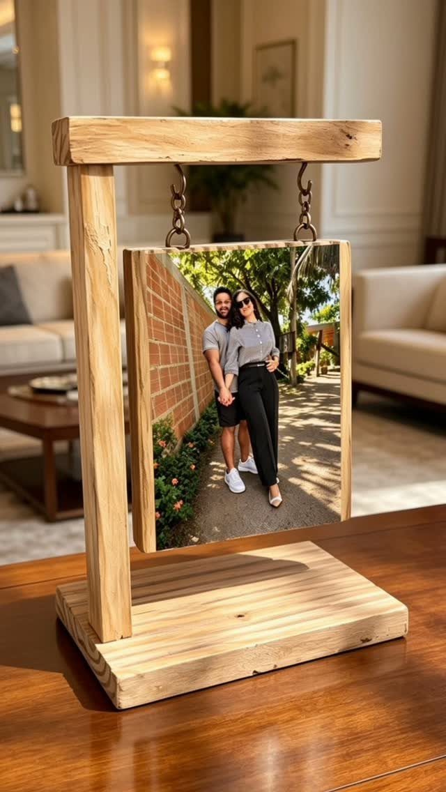 13 Small Wood Craft Ideas for Beginners and Scrap Wood 3 Rustic wooden picture frame stand holding a photo of a couple on a table.