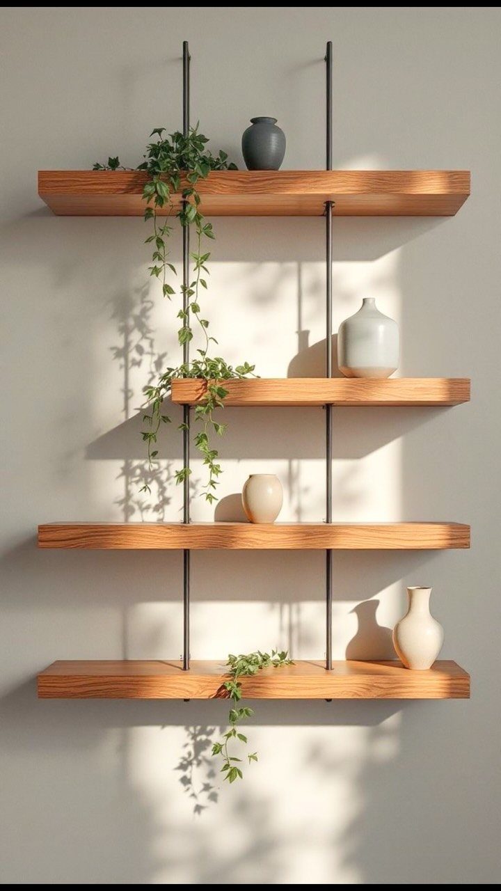 13 Small Wood Craft Ideas for Beginners and Scrap Wood 7 Wooden floating shelves on black metal rods holding plants and ceramic vases.
