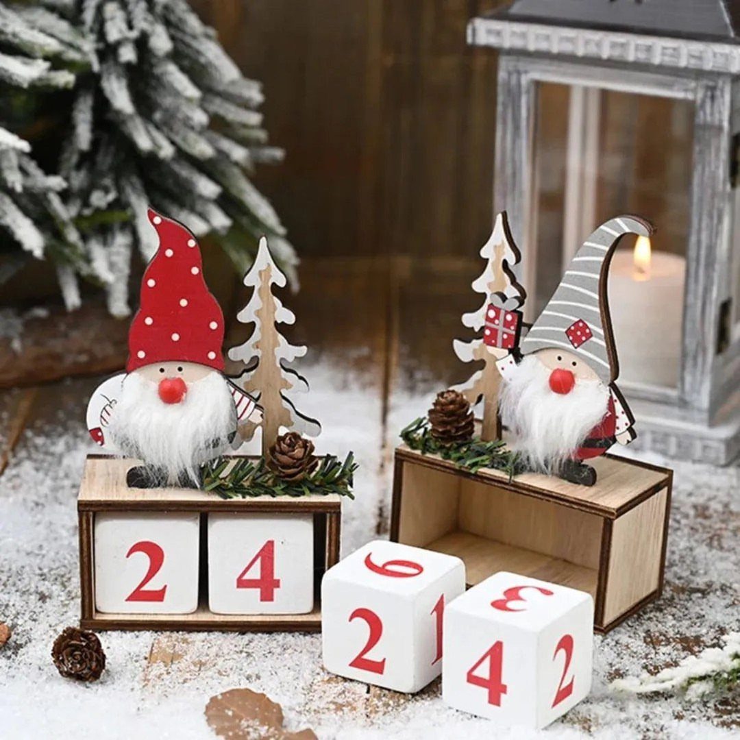 21 Small Wood Projects for Christmas You Can Make 12 Wooden advent calendar with gnomes and numbered cubes on a snowy winter surface.