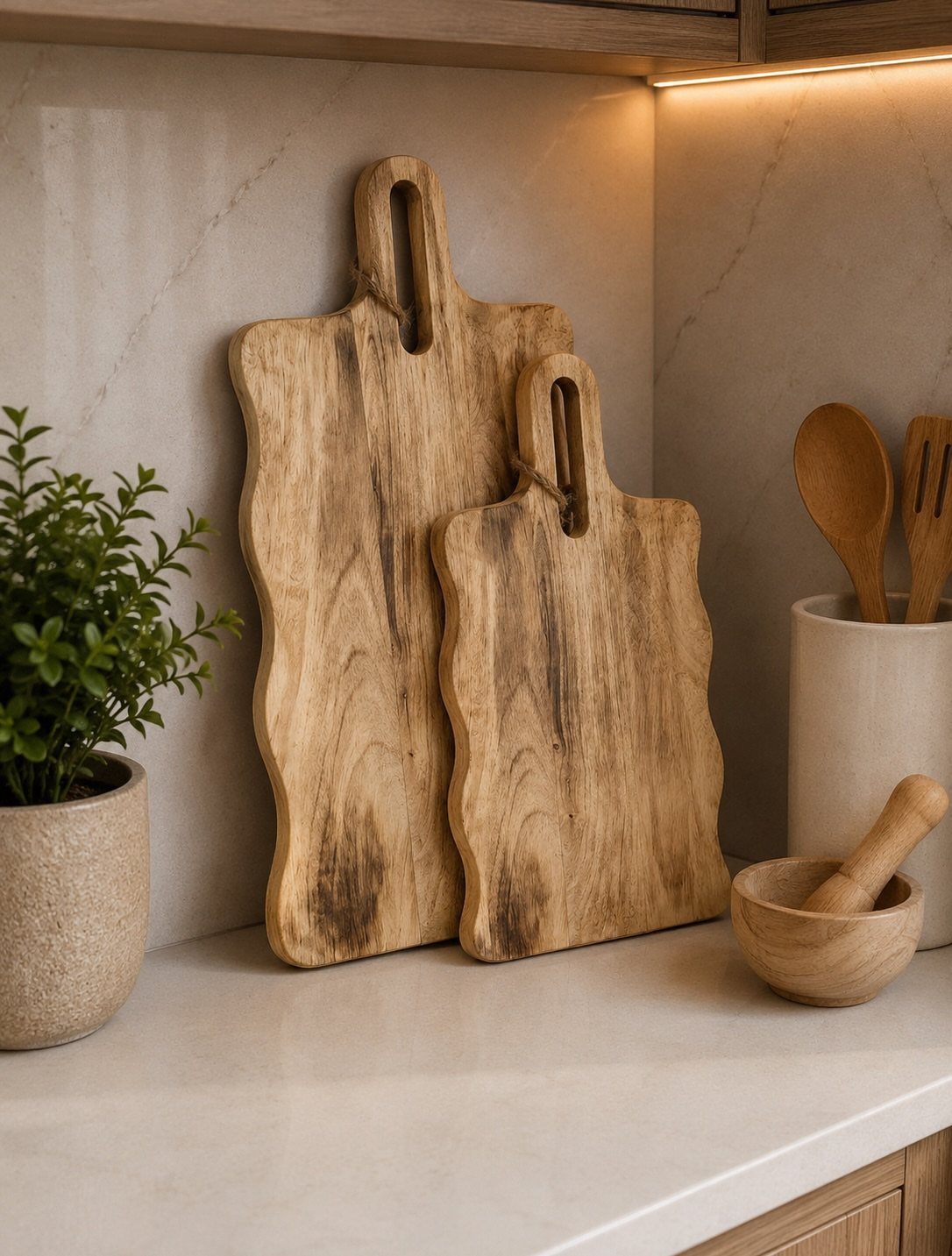 21 Small Wood Projects for Christmas You Can Make 2 Two rustic wooden serving boards with handles leaning on a white kitchen counter.