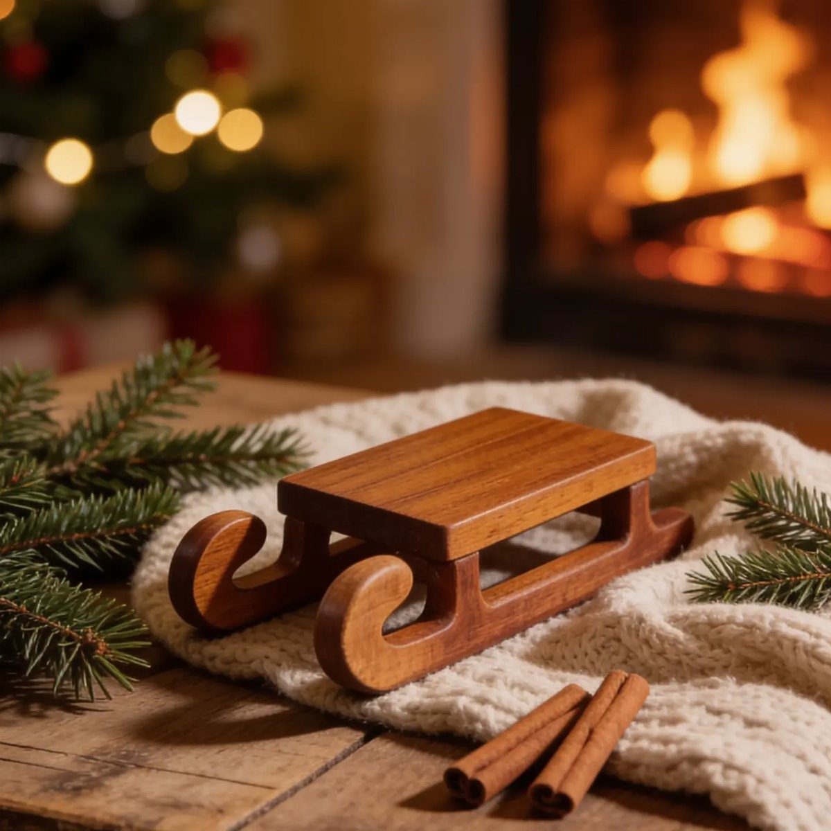 21 Small Wood Projects for Christmas You Can Make 15 Small polished wooden decorative sled on a white knit blanket near a fireplace.