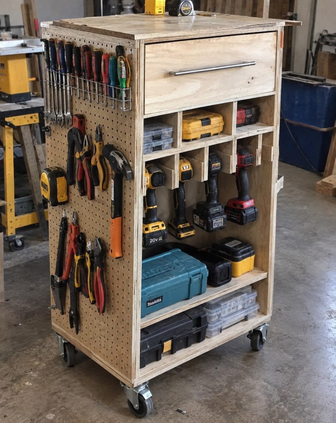 12 Small Workshop Storage Ideas for Tight Spaces 8 Wooden mobile tool workstation with pegboard, drawers, and shelves on caster wheels.