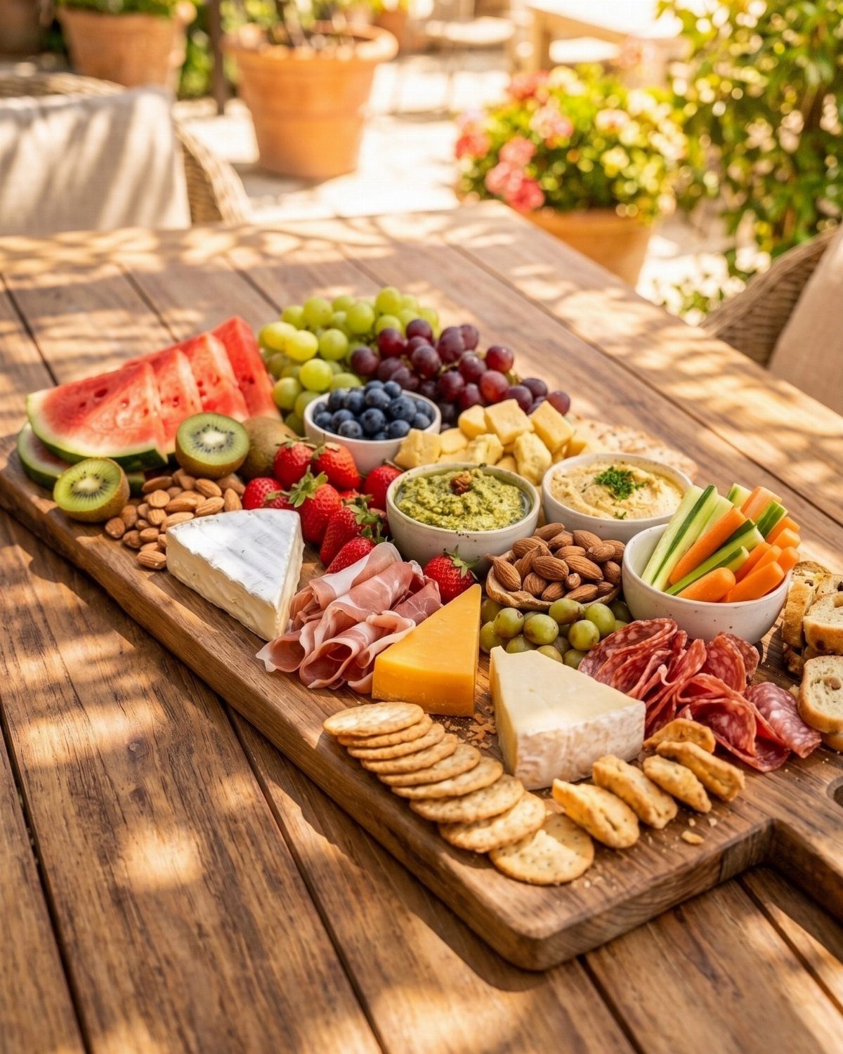 24 Summer Wood Projects for Beginners and Weekend Builders 3 Wooden charcuterie board with assorted cheeses, meats, and fruits on a sunny outdoor table.
