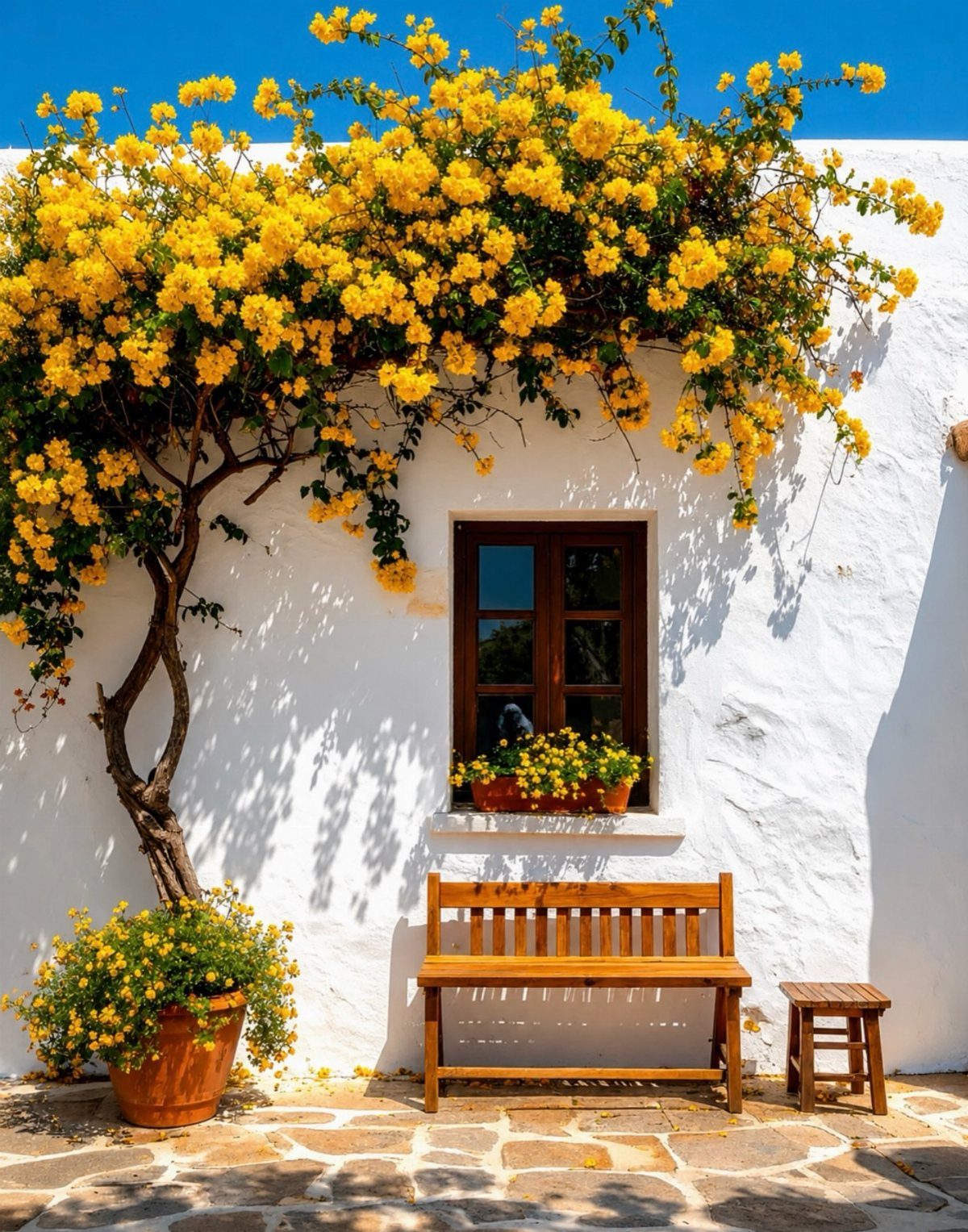 24 Summer Wood Projects for Beginners and Weekend Builders 5 Wooden garden bench against a white wall with yellow flowering vines above it.