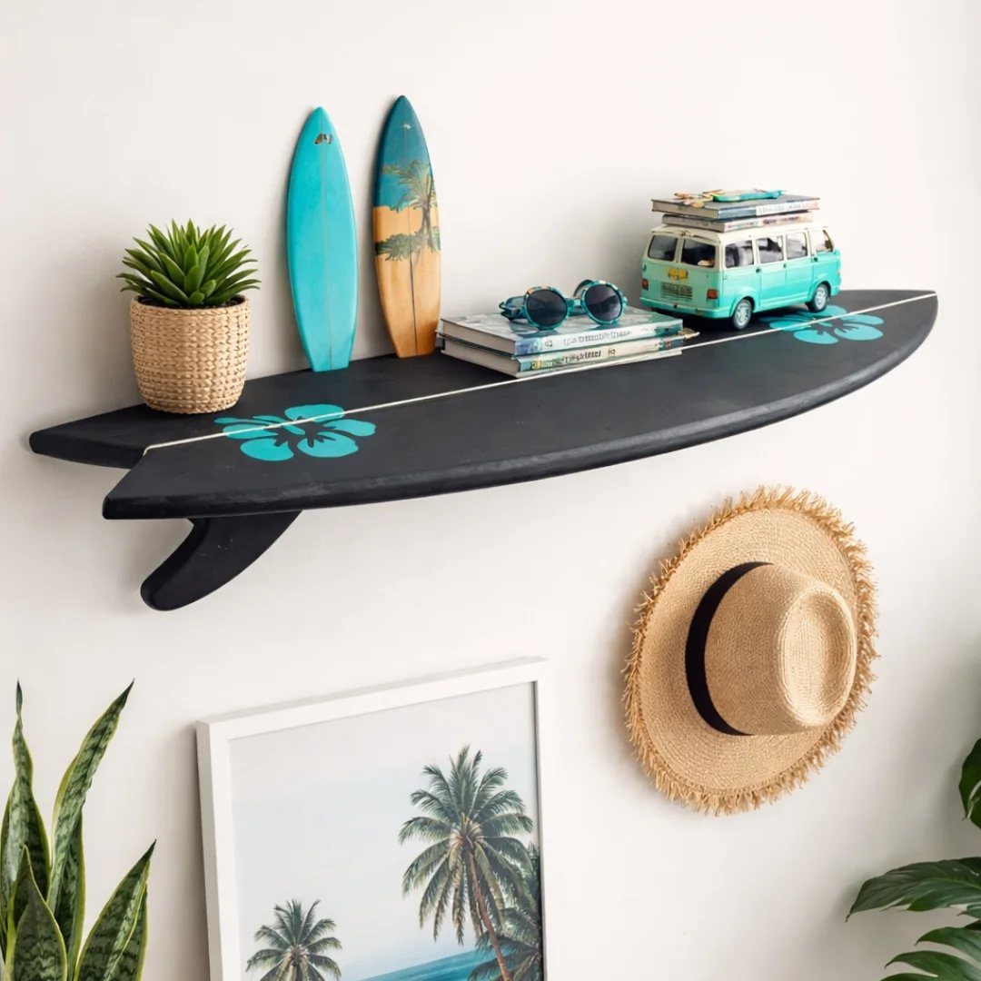 24 Summer Wood Projects for Beginners and Weekend Builders 16 Surfboard shaped wooden shelf with beach decor on a white wall