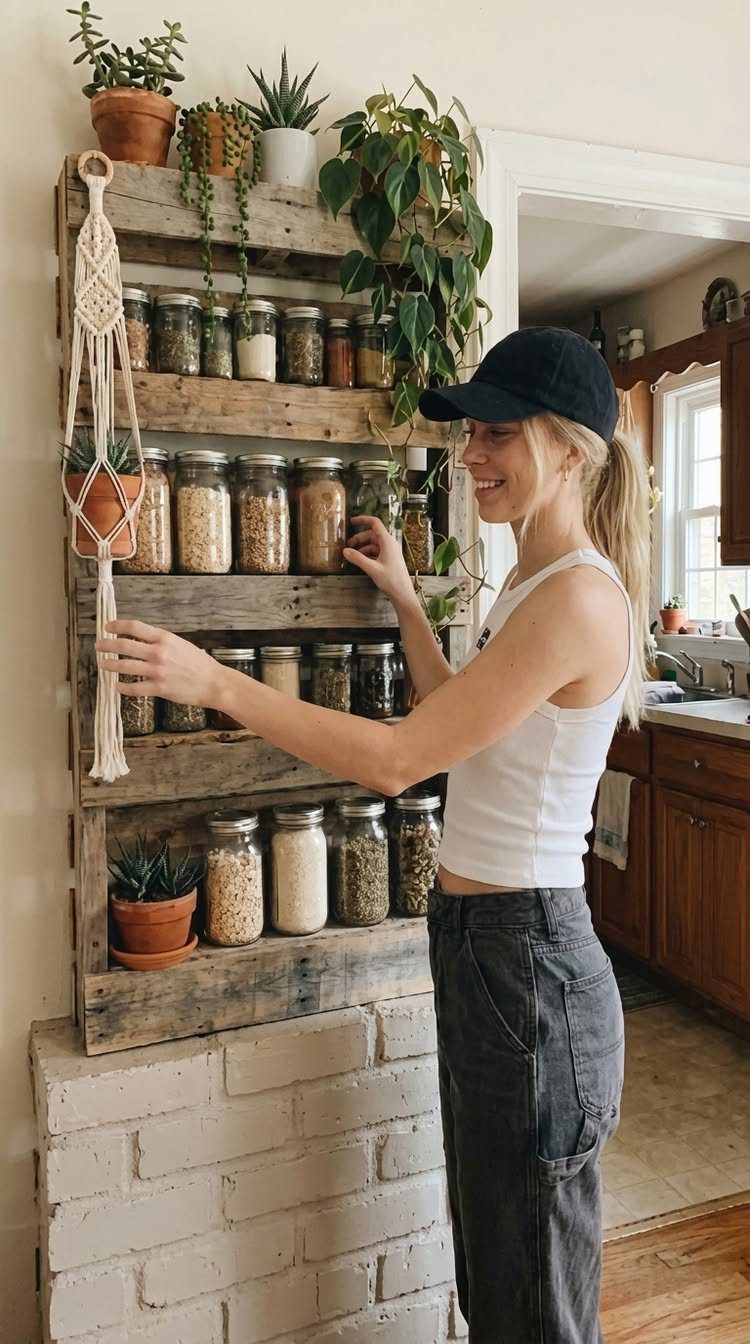 24 Summer Wood Projects for Beginners and Weekend Builders 14 Woman organizing glass jars on a rustic wooden pallet shelf with potted plants.