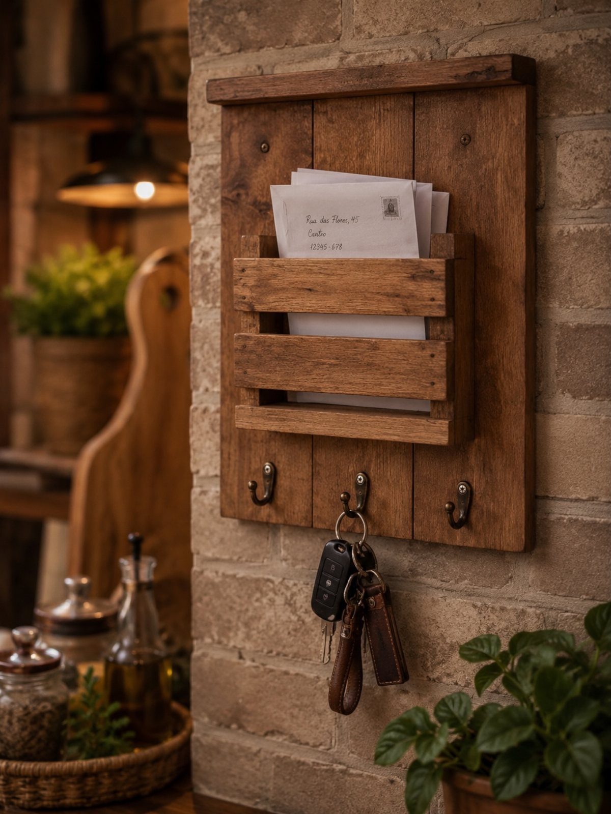 24 Summer Wood Projects for Beginners and Weekend Builders 13 Wooden wall-mounted mail organizer with envelopes and keys on a brick wall