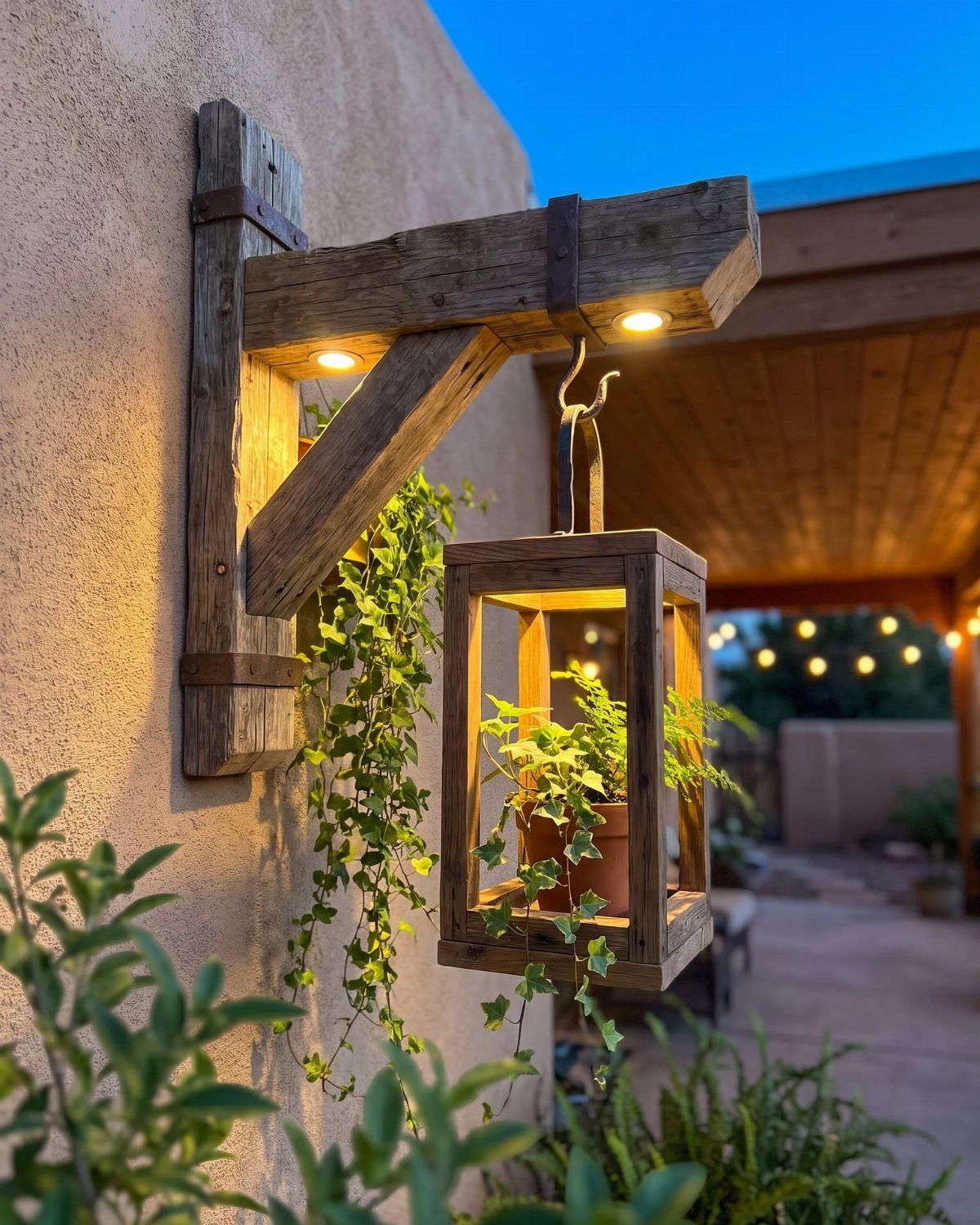 24 Summer Wood Projects for Beginners and Weekend Builders 24 Wooden wall bracket holding a lantern with a potted ivy plant at twilight