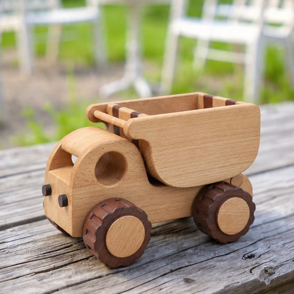 24 Summer Wood Projects for Beginners and Weekend Builders 2 Wooden toy dump truck made of light and dark wood on weathered planks