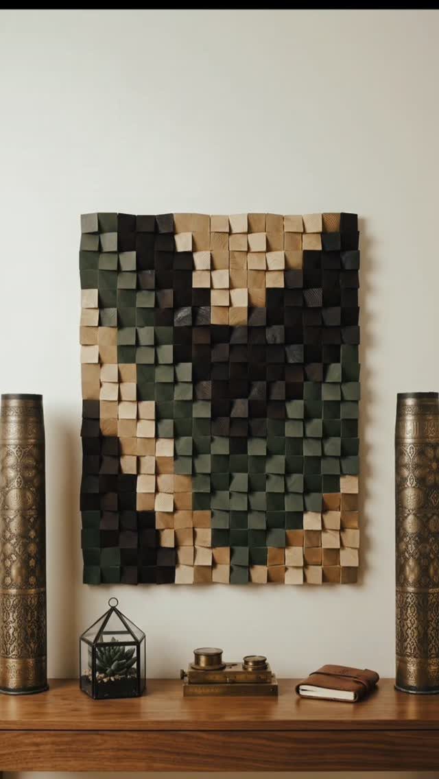 24 Summer Wood Projects for Beginners and Weekend Builders 12 Wooden wall art featuring a grid of multi-toned textured blocks on a white wall.