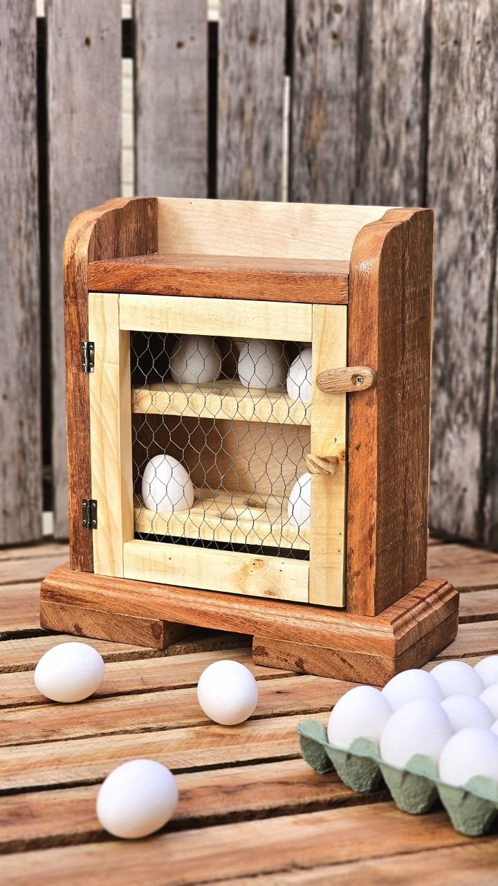 Wooden egg holder cabinet with wire mesh door containing white fresh eggs.