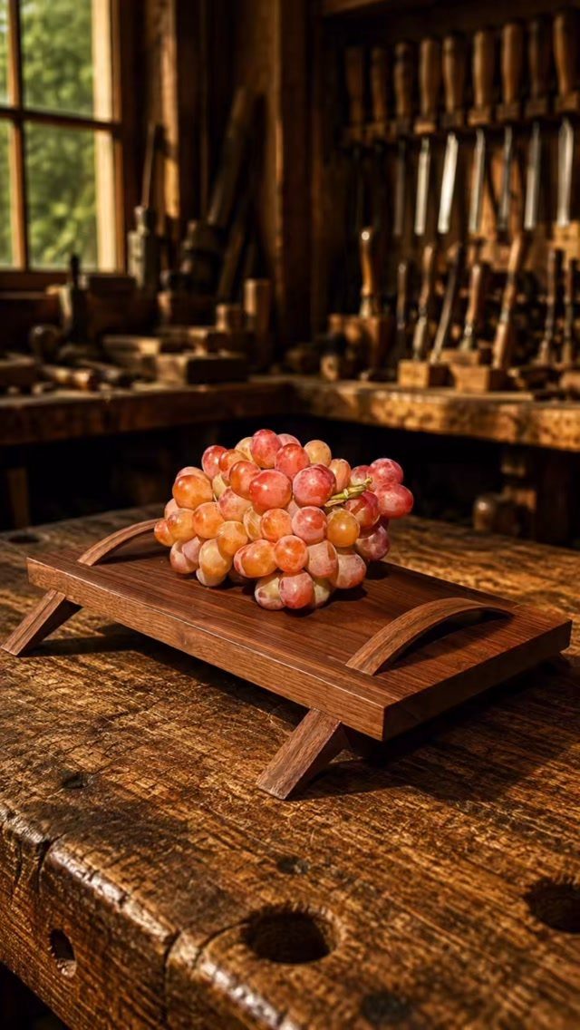 Wooden serving tray with red grapes on a rustic woodworking workbench.