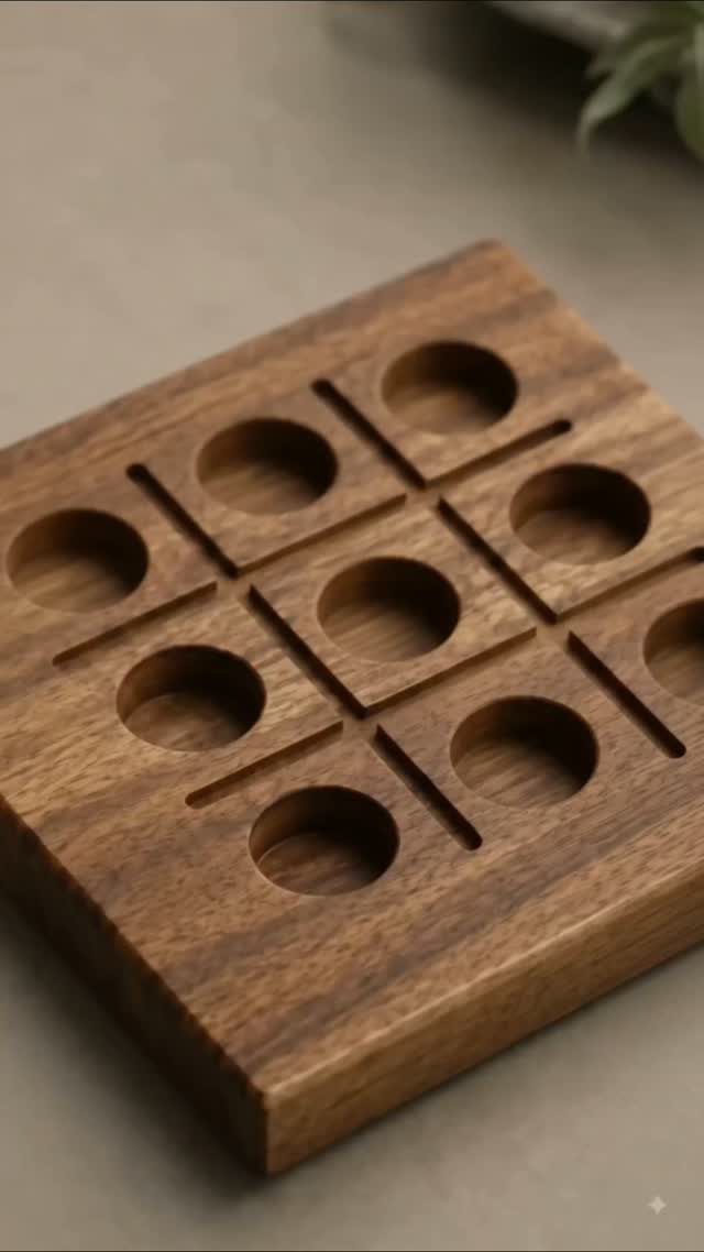 Wooden tic-tac-toe game board with carved grid and circular holes for game pieces.