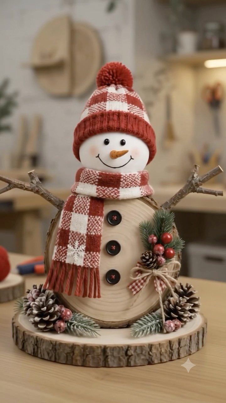 Wood block snowman with a red checkered hat and scarf on a rustic base.